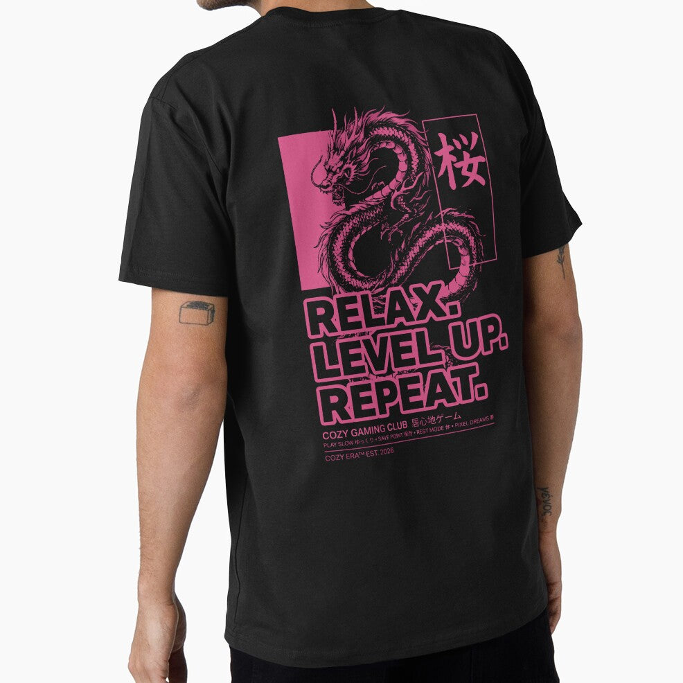 Relax. Level Up. Repeat. - Japanese Streetwear Cozy Gaming T-Shirt by LoFizzy