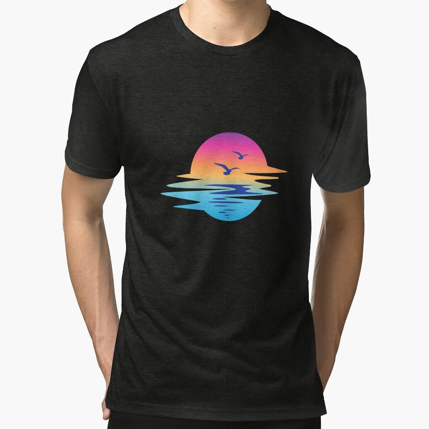 Vaporwave Sunset Circle Flying Seagulls Beach by SolutionsArt